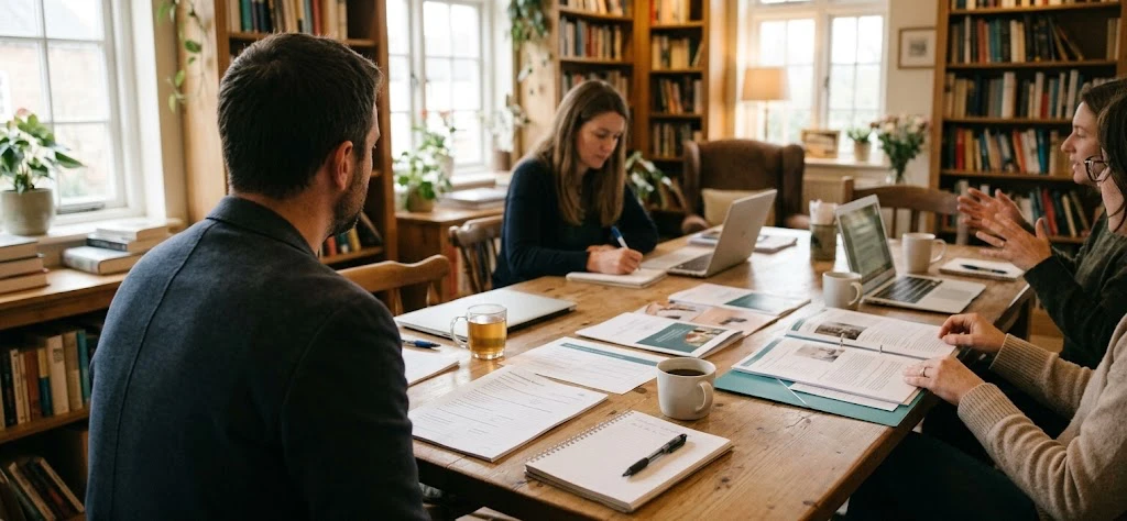 People working through printed assessment booklets around a wooden table in a book-lined room