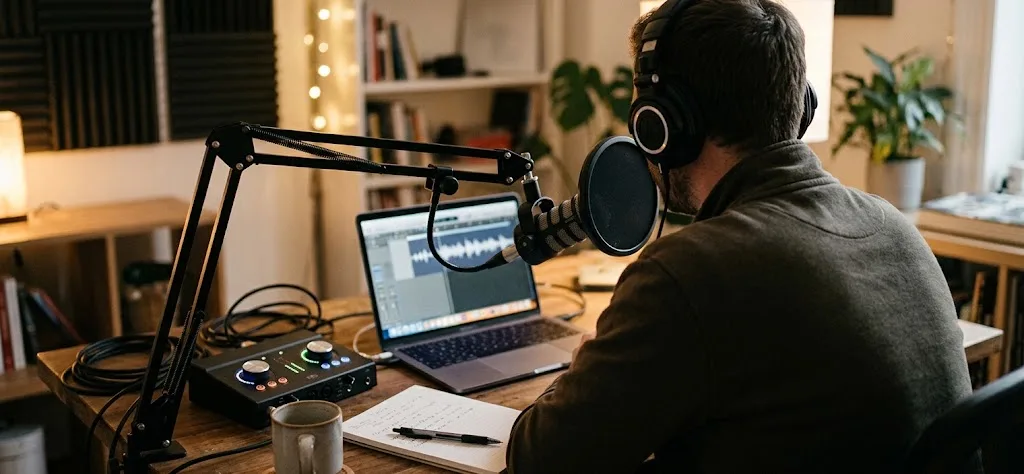 A podcaster in headphones recording at a microphone beside a laptop