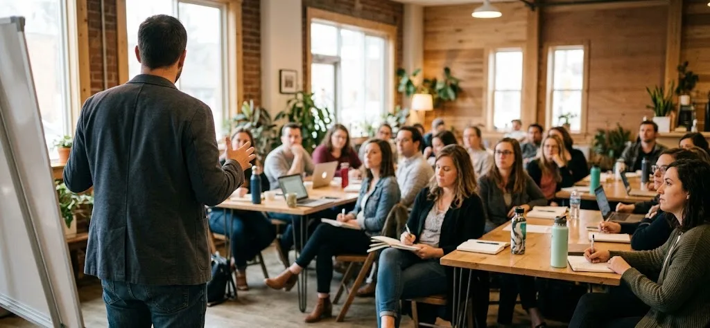 A speaker leading a workshop for a room of attentive participants