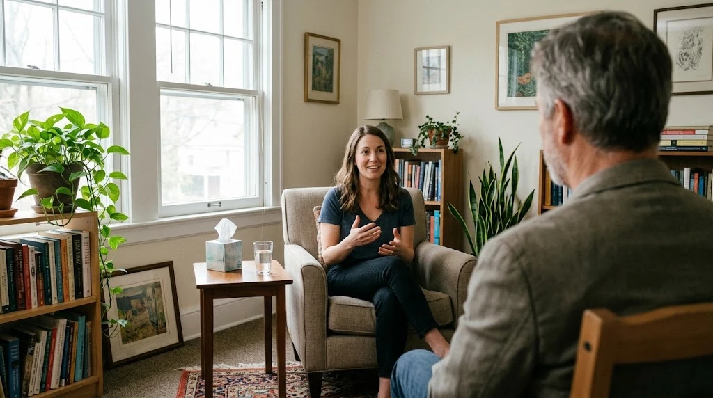 A client talking with a therapist in a sunlit office lined with bookshelves