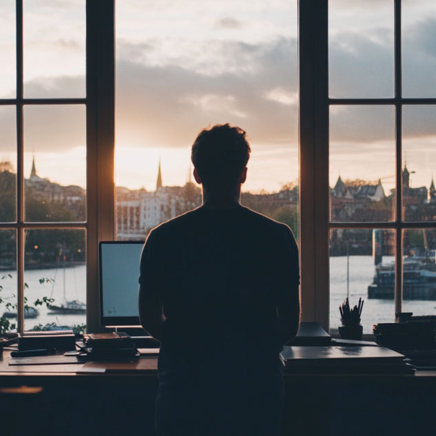 Man at computer looking out window