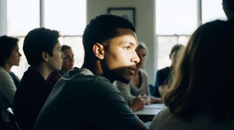 A young adult seated at a group therapy circle