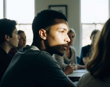 A young adult seated at a group therapy circle